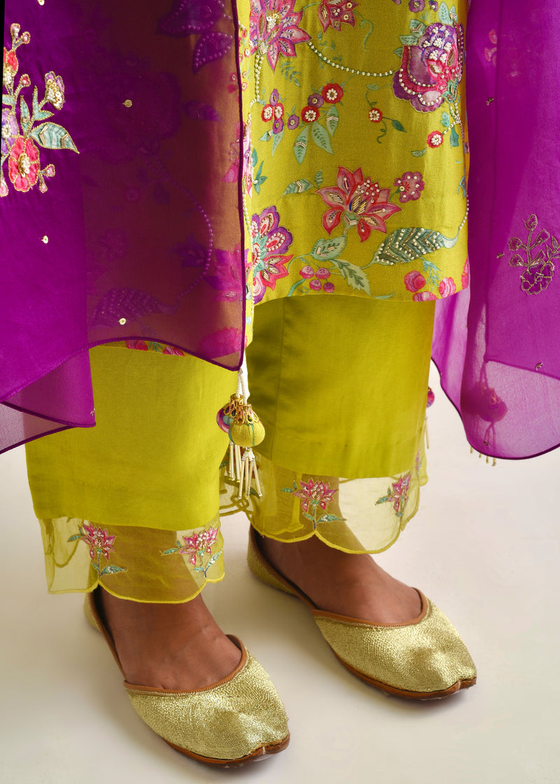 Jacobean Kurta Set - Lime Green