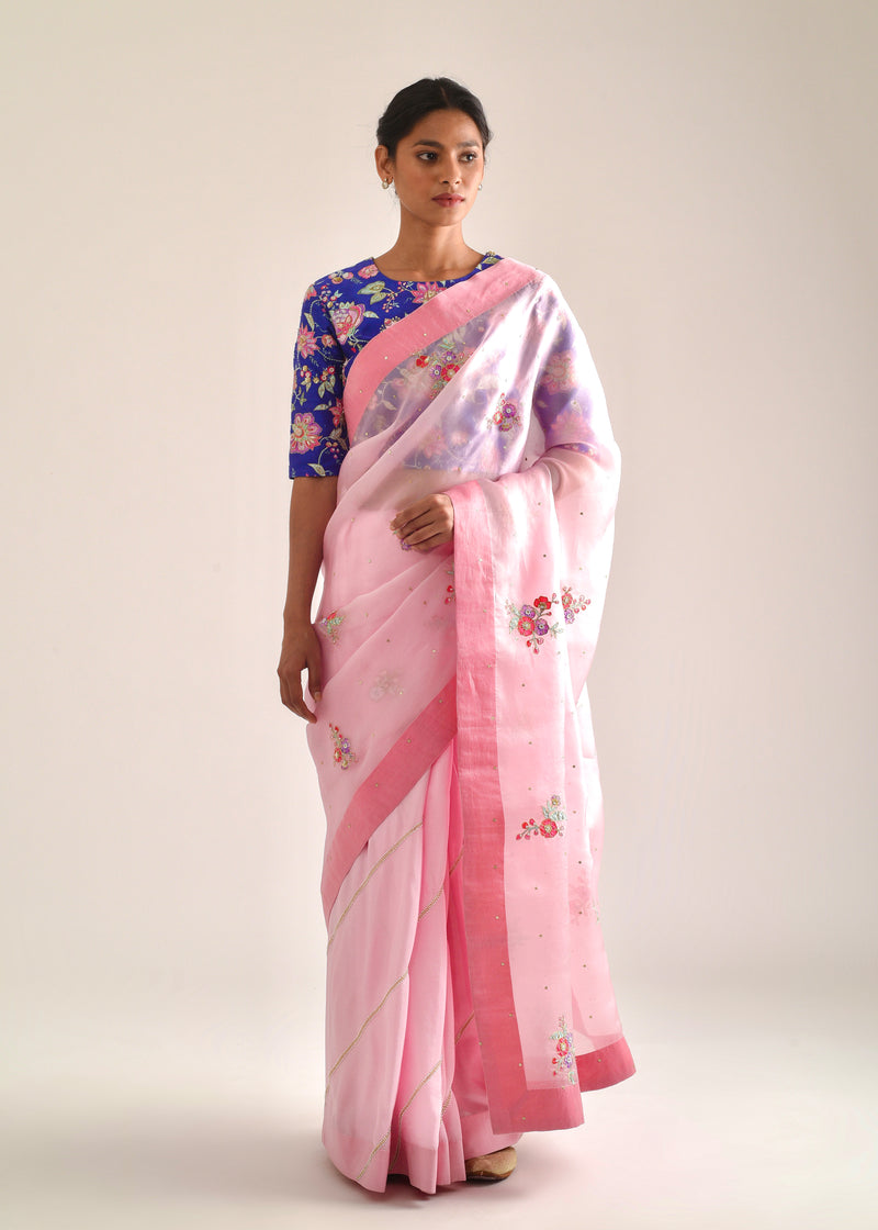 Applique Saree Blouse Set - Carnation Pink