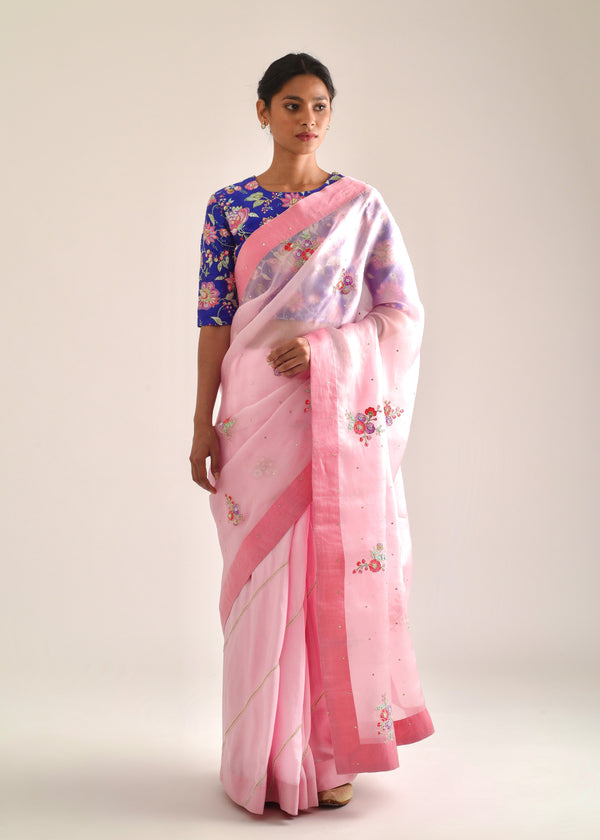 Applique Saree - Carnation Pink