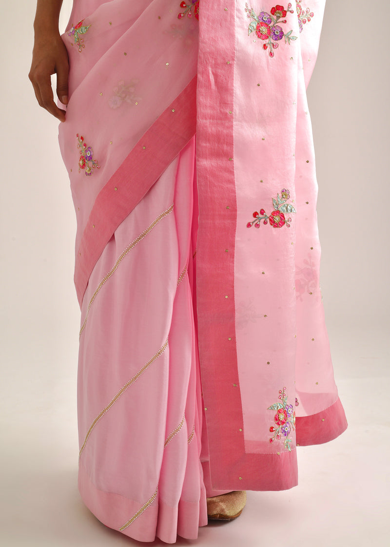 Applique Saree - Carnation Pink