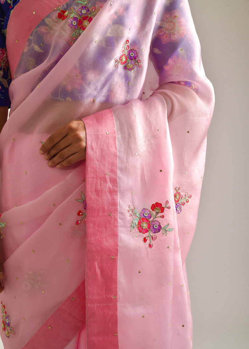Applique Saree - Carnation Pink