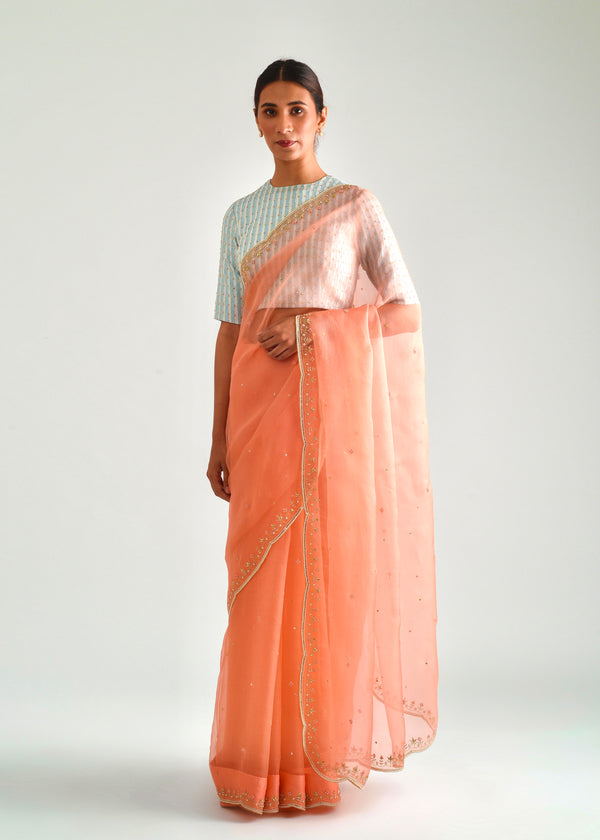 Kanguri Scallop Saree Blouse Set - Salmon Peach