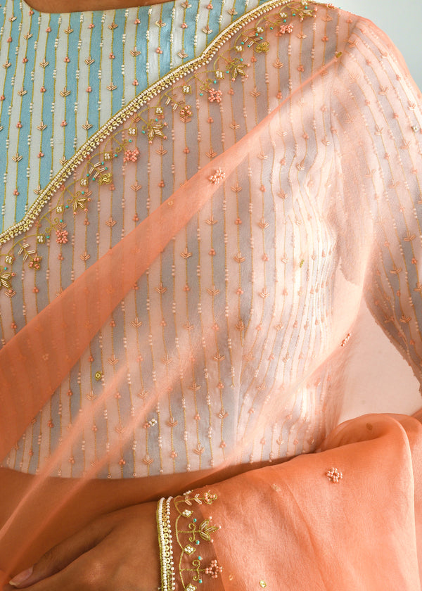 Kanguri Scallop Saree - Salmon Peach