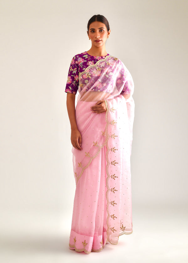 Vari Scallop Saree - Rose Pink