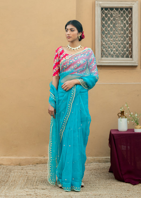 Kanguri Scallop Saree - Cadet Blue