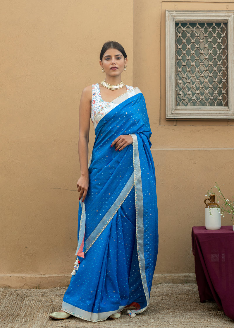 Varg Printed Saree Sleeveless Blouse Set - Cobalt Blue