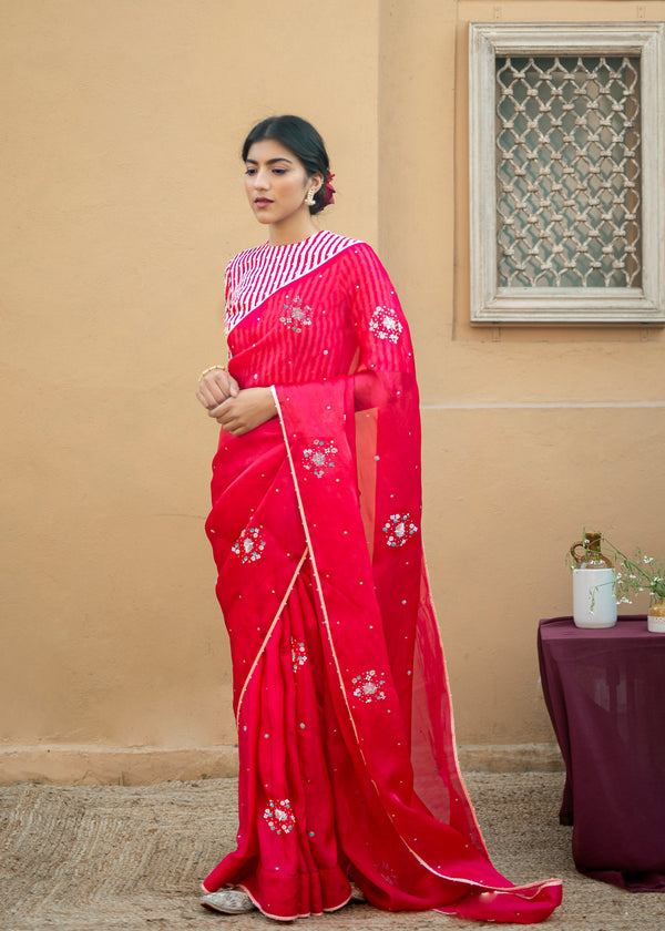 Circle Bootah Saree Red Dhaari Blouse Set - Red