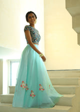 Tile Applique Organza Lehenga Set - Aqua Blue