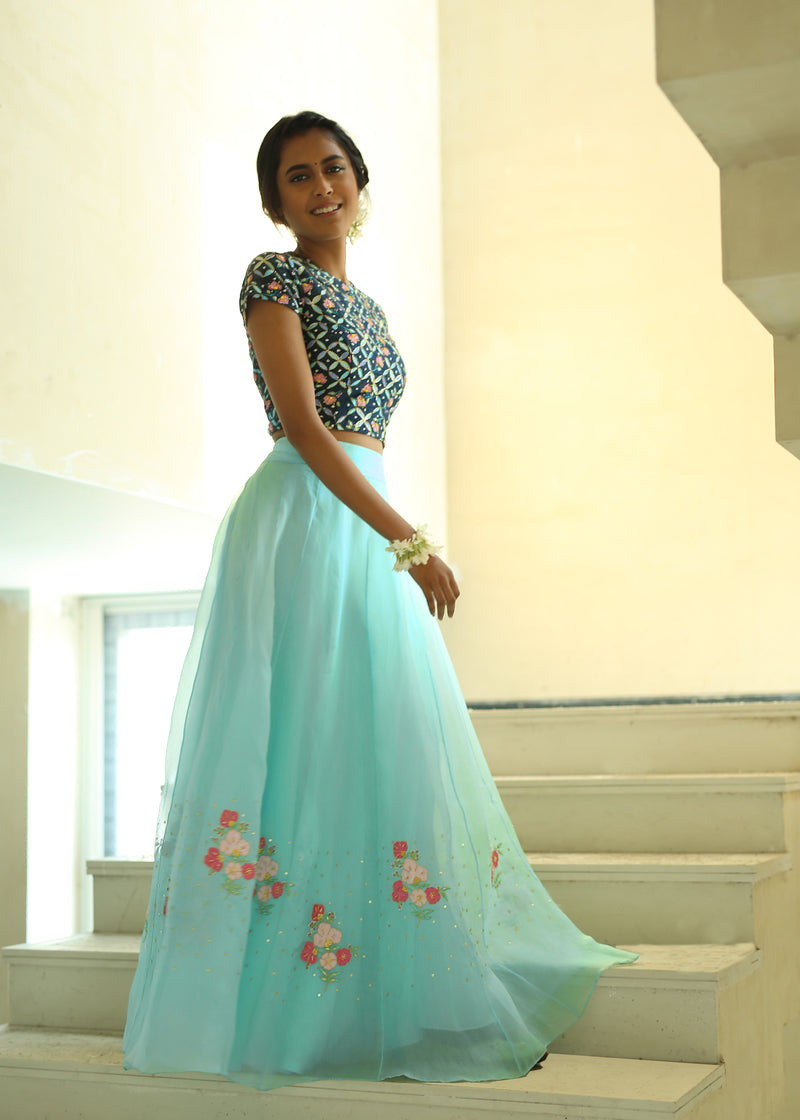 Tile Applique Organza Lehenga Set - Aqua Blue