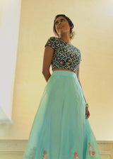 Tile Applique Organza Lehenga Set - Aqua Blue