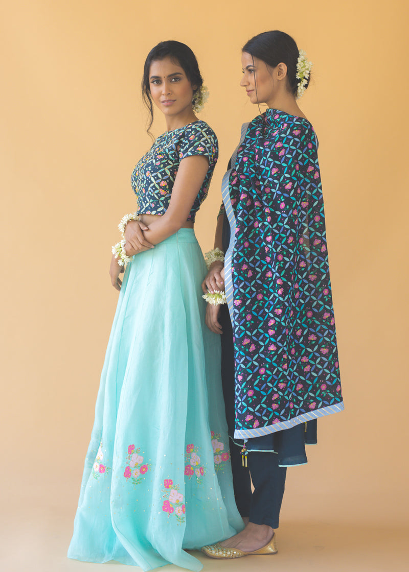Tile Applique Organza Lehenga Set - Aqua Blue