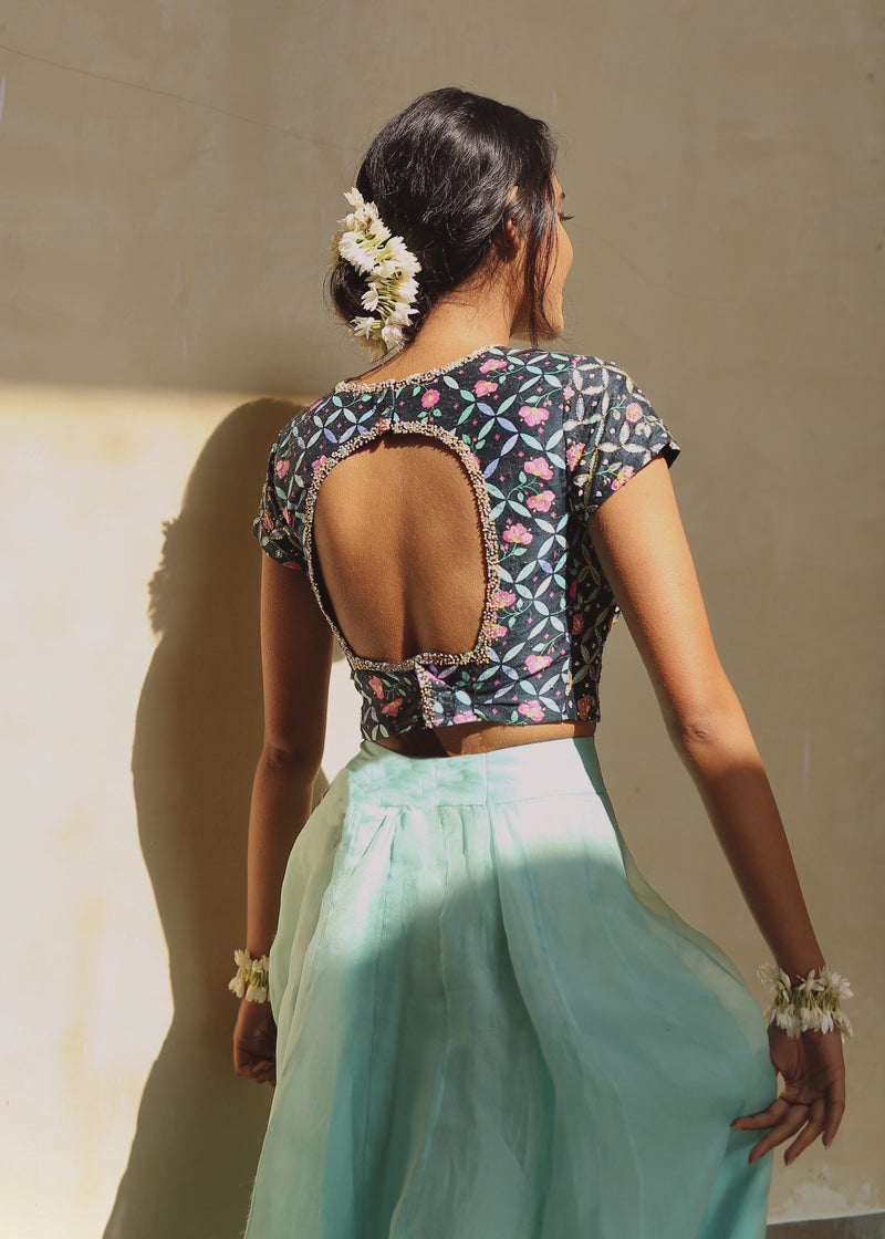 Tile Applique Organza Lehenga Set - Aqua Blue