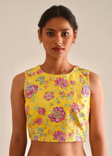 Colourblock Cheenth Saree Blouse Set - Yellow Pink