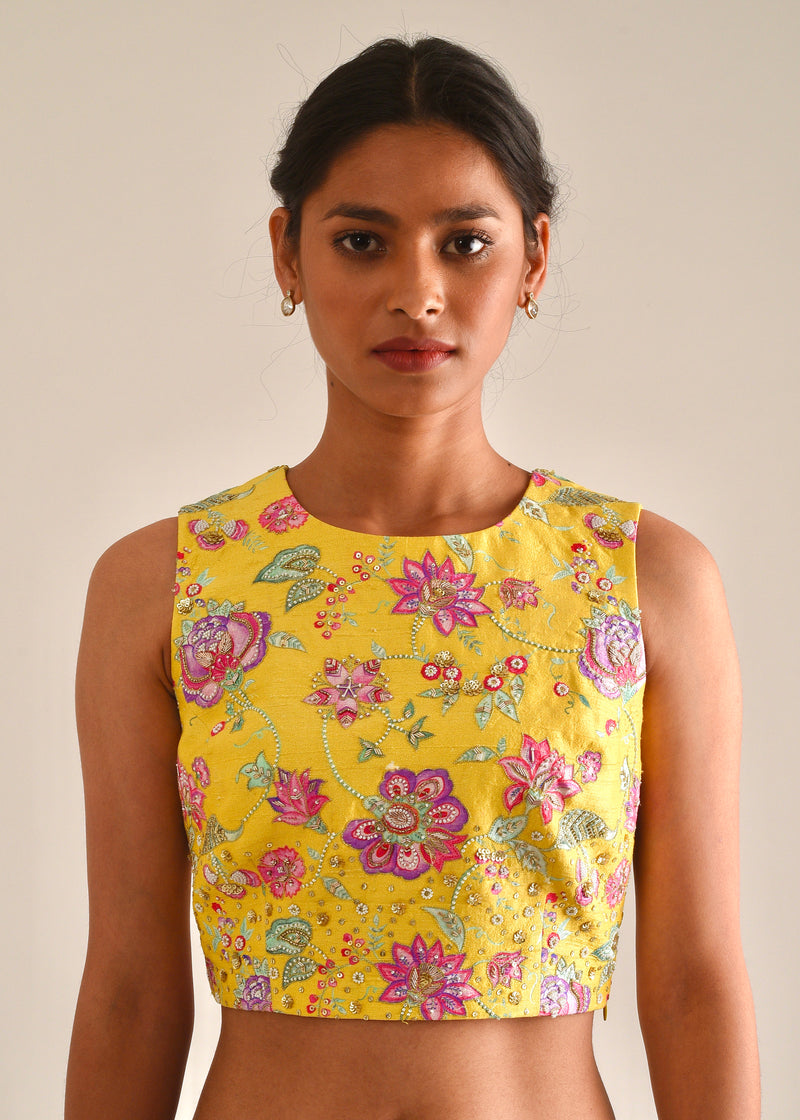 Colourblock Cheenth Saree Blouse Set - Yellow Pink
