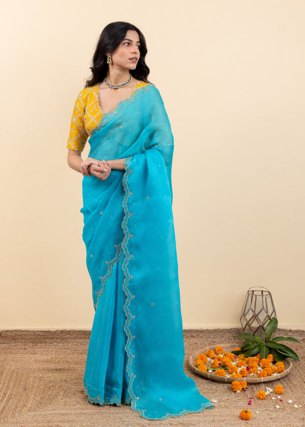 Soha Cutwork Saree - Pacific Blue