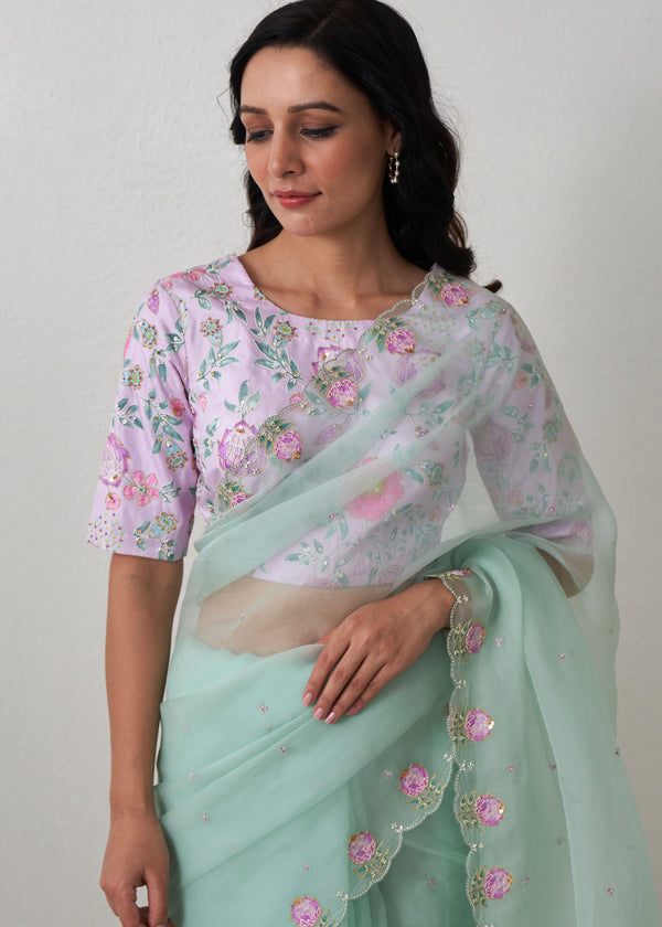 Ichika Saree Mauve Blouse Set - Sage Green