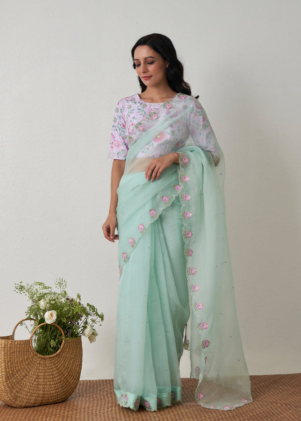 Ichika Saree Mauve Blouse Set - Sage Green