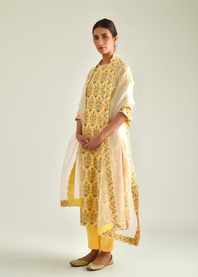 Mughal Kurta Printed Scallop Dupatta Set - Yellow