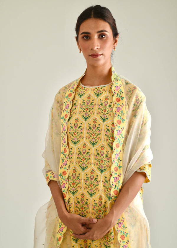 Mughal Kurta Printed Scallop Dupatta Set - Yellow