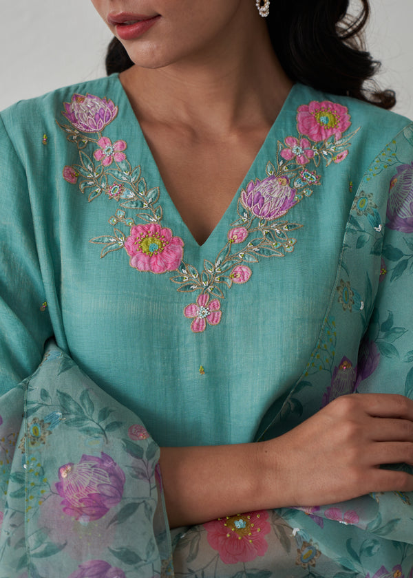 Anman Tissue Kurta Set - Tiffany Blue