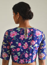 Kaira Scallop Saree Blue Jacobean Blouse Set - Mint Green