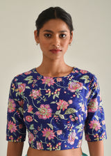 Kaira Scallop Saree Blue Jacobean Blouse Set - Mint Green