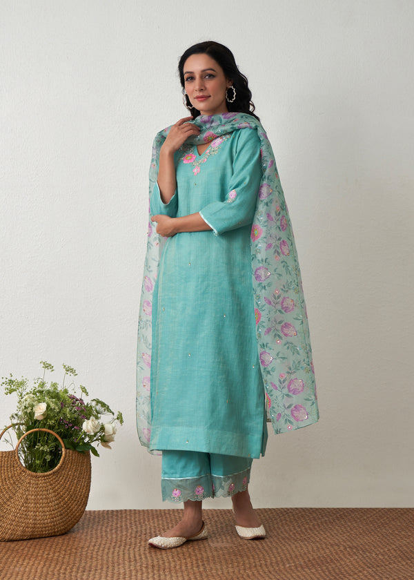 Anman Tissue Kurta Set - Tiffany Blue