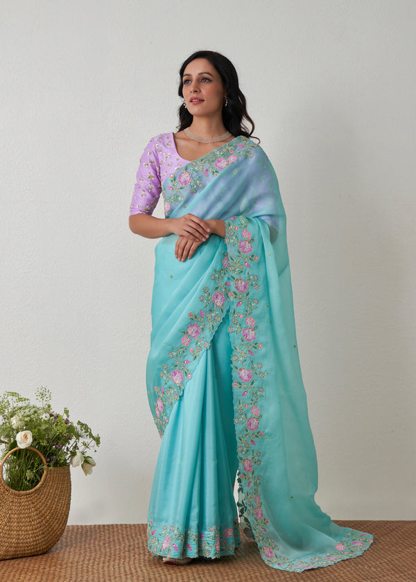 Protea Saree Cluster Blouse Set - Turquoise Blue