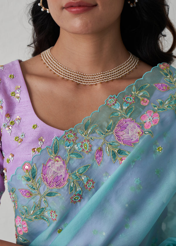 Protea Saree Cluster Blouse Set - Turquoise Blue