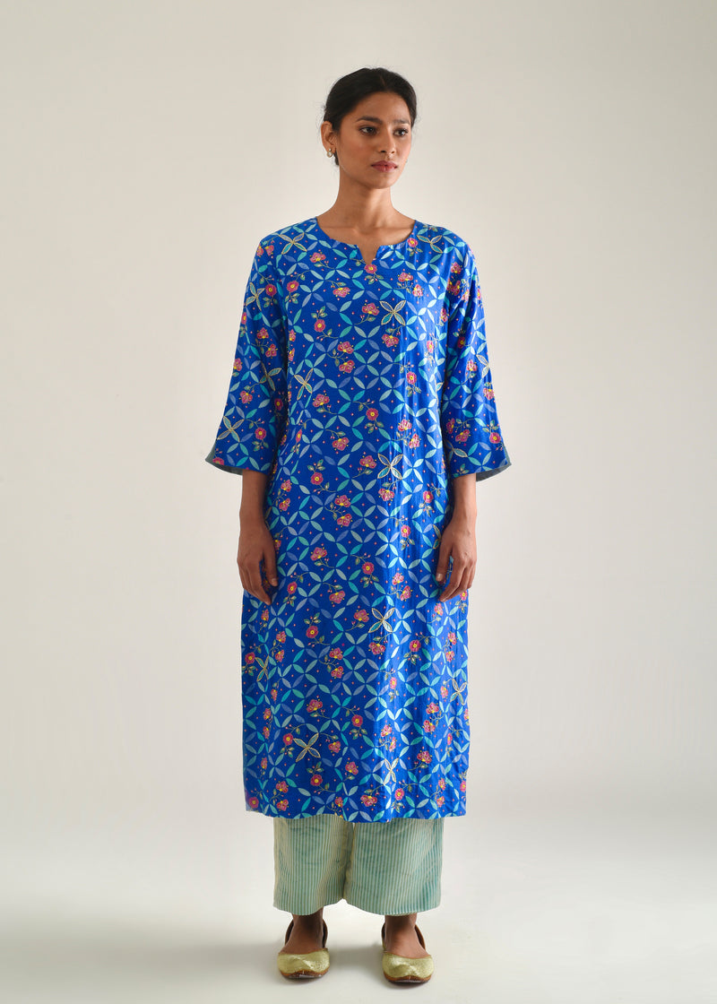 Tile Kurta Zari Dupatta Set - Royal Blue