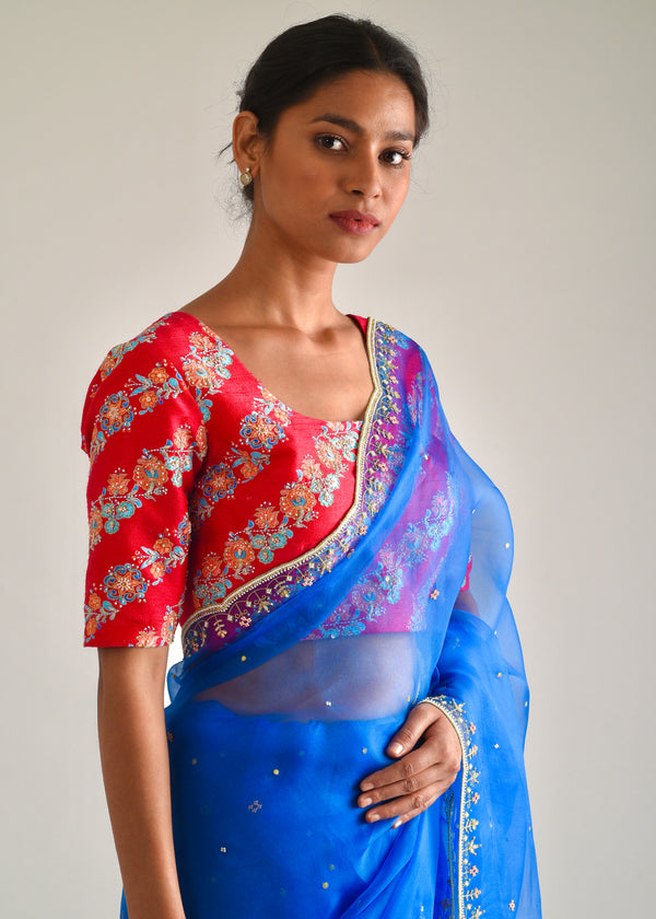 Kanguri Scallop Saree Red Tircha Blouse Set - Cobalt Blue