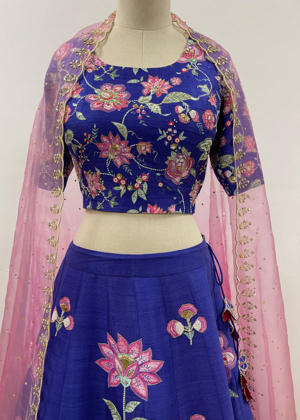 Jacobean Applique Lehenga Set - Azure Blue