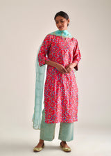 Tile Kurta Organza Dupatta Set - Raspberry Red