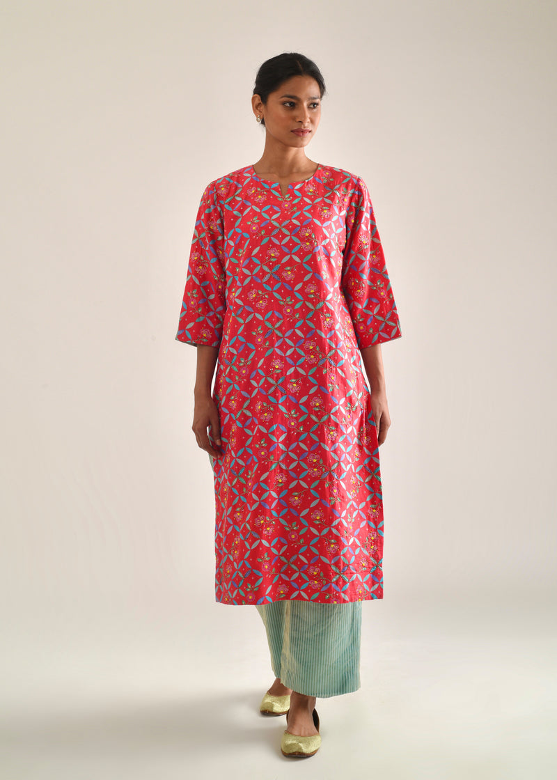 Tile Kurta Organza Dupatta Set - Raspberry Red
