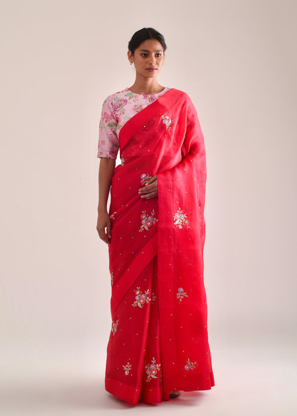 Applique Saree - Red