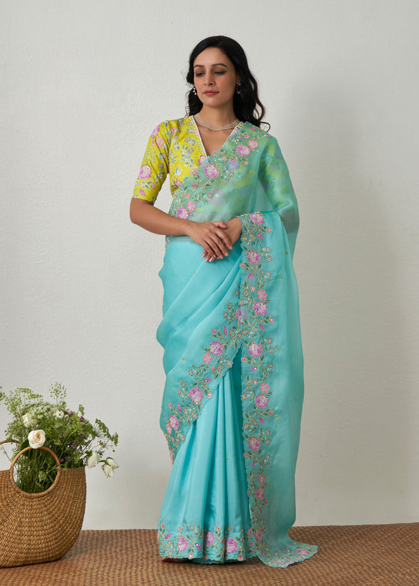 Protea Saree Blouse Set - Turquoise Blue