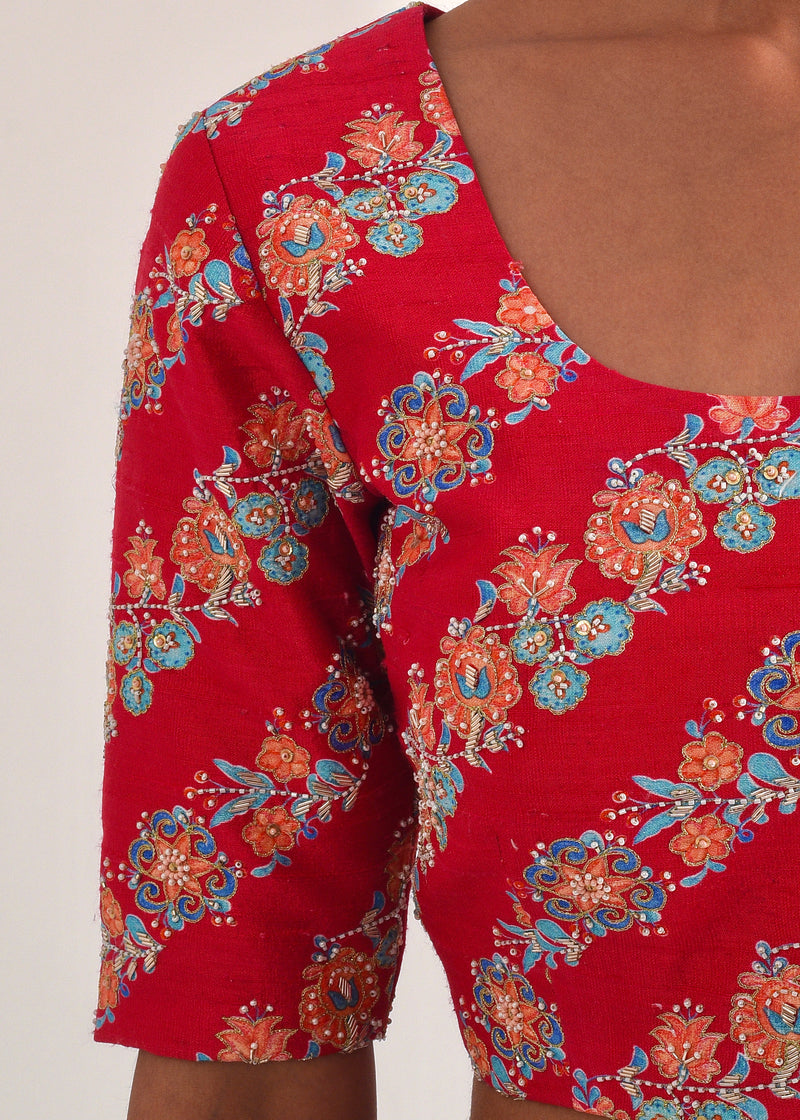 Kanguri Scallop Saree Red Tircha Blouse Set - Cadet Blue