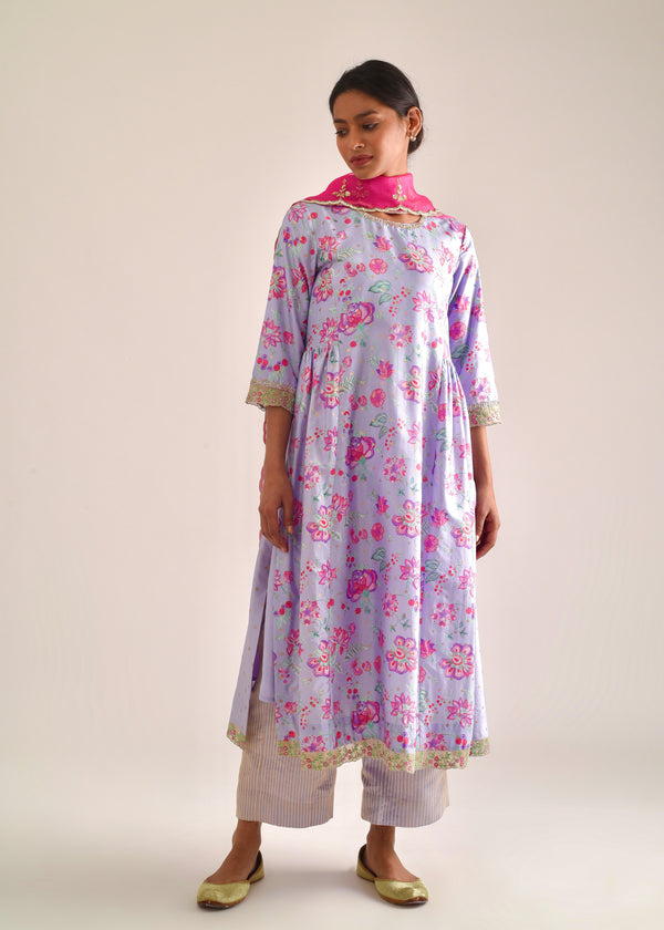 Jacobean Gathered Kurta Set - Lilac