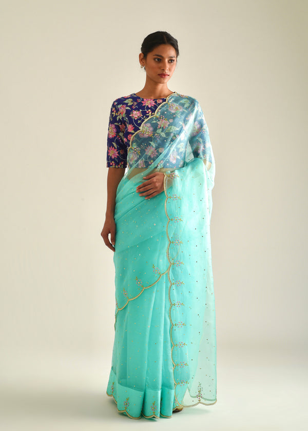 Kaira Scallop Saree Blue Jacobean Blouse Set - Mint Green