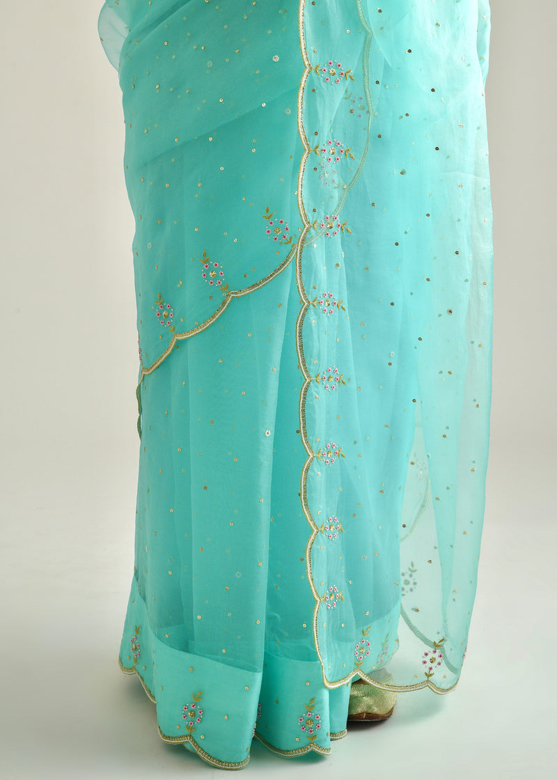 Kaira Scallop Saree Yellow Jacobean Blouse Set - Mint Green