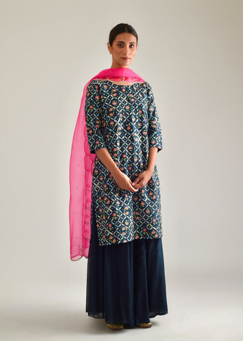 Tile Kurta Lehenga Set - Pebble Black