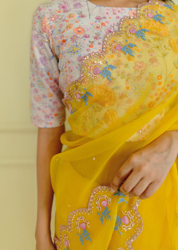 Resu Saree Grey Meraki Blouse Set - Mustard Yellow