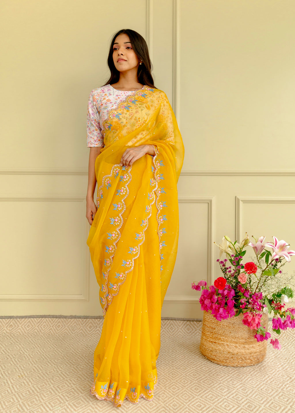 Yellow Embroidery Pure Organza Silk Saree – Banarasiya