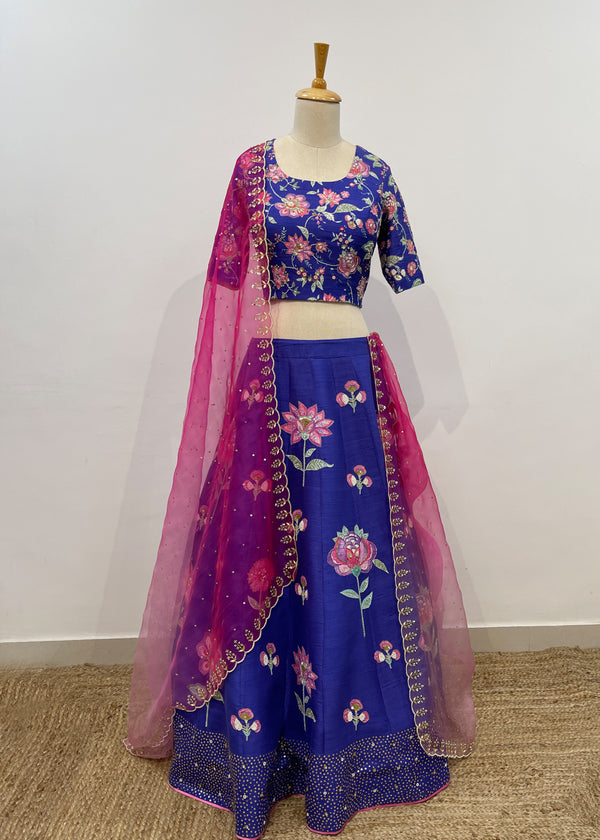 Jacobean Applique Lehenga Set - Azure Blue