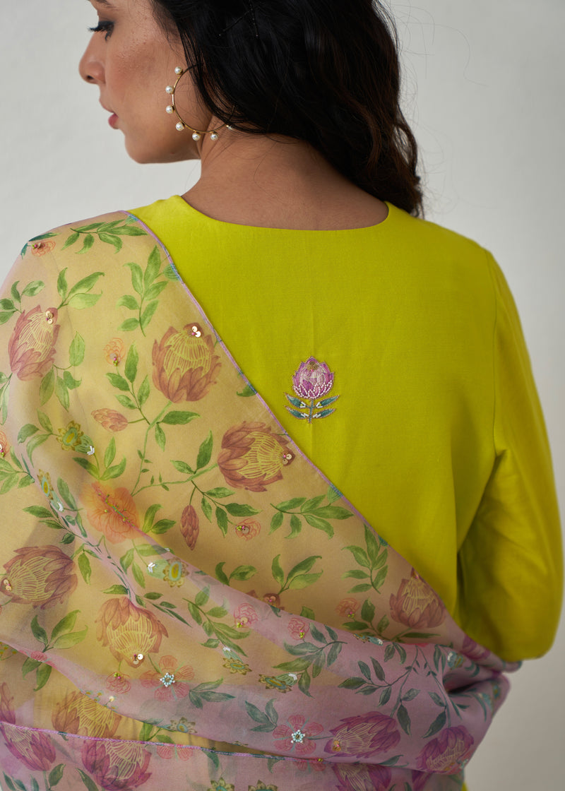 Kanji Gathered Short Kurta Set - Lime Yellow