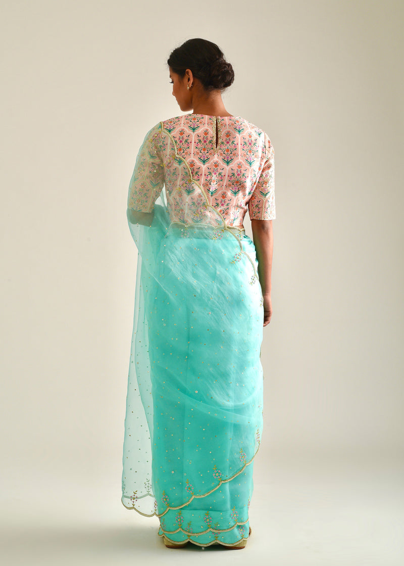 Kaira Scallop Saree Mughal Blouse Set - Mint Green