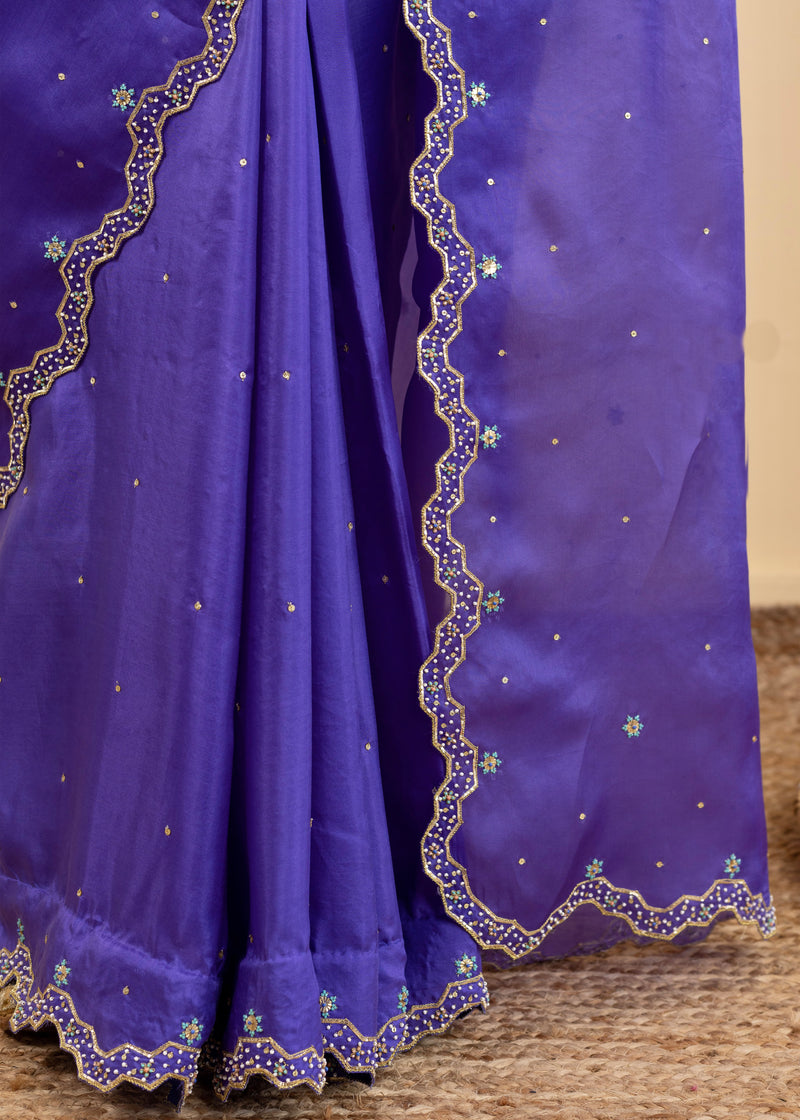 Soha Cutwork Saree Mango Yellow Chokor Blouse Set - Royal Purple
