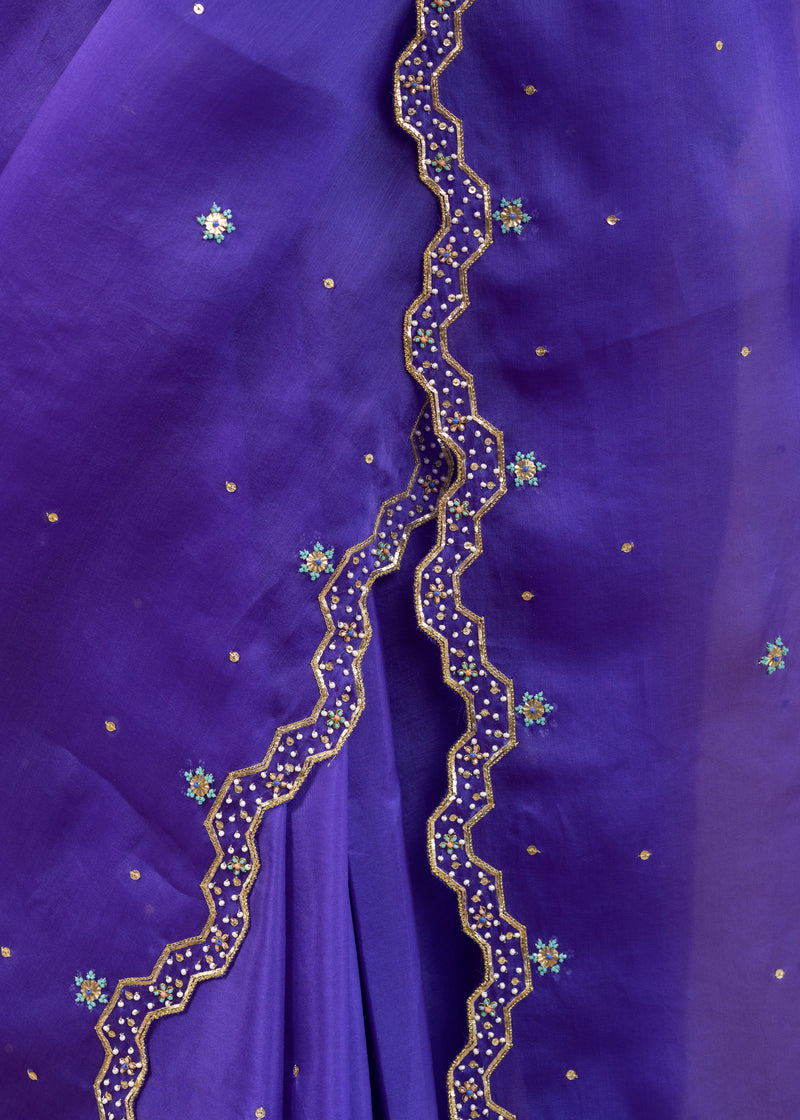 Soha Cutwork Saree Mango Yellow Chokor Blouse Set - Royal Purple