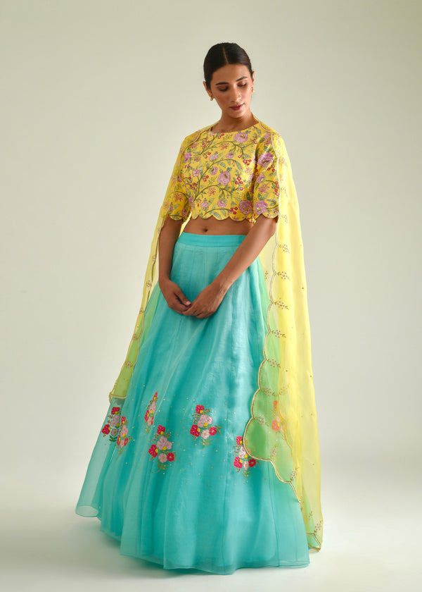 Gulaab Applique Organza Lehenga Set - Aqua Blue