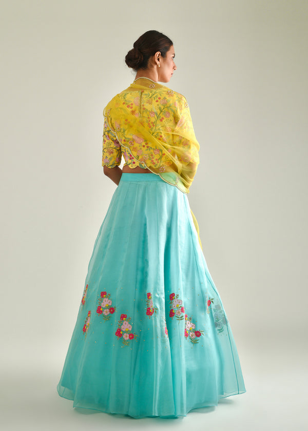 Gulaab Applique Organza Lehenga Set - Aqua Blue